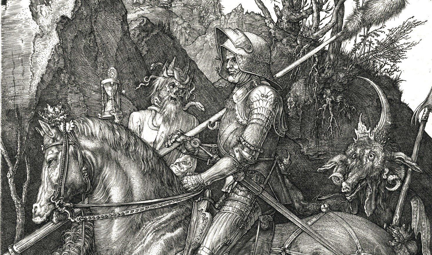  Albrecht Dürer. Il cavaliere, la morte e il diavolo. 1513. Dett. Incisione su rame. Sotheby's, Londra